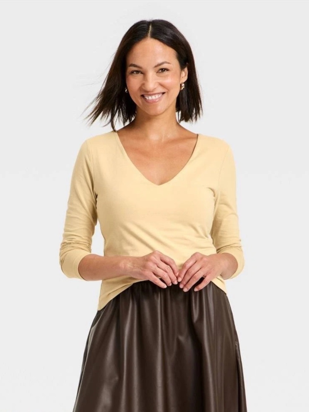 Women's Beige Tan Neutral V-Neck Long Sleeve Top Size XL Capsule Wardrobe